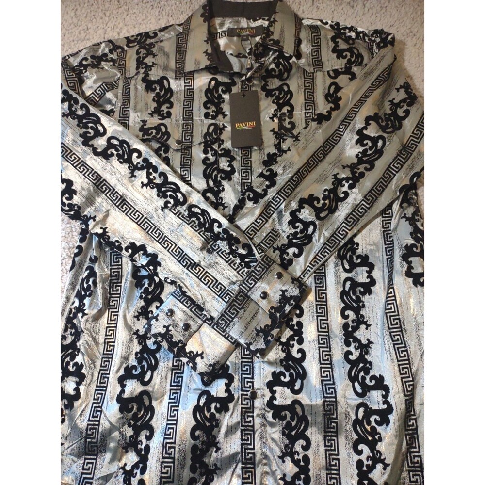Nwt Pavini Men's Shirt M Black And Silver  Snapbutton Velvour Long Sleeve